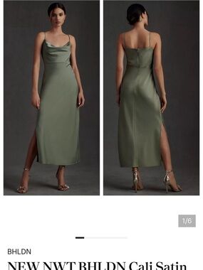 BHLDN Satin Cowl Midi Dress in Moss